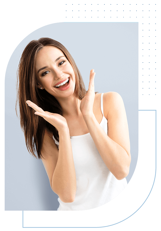 a woman smiling with her hands up